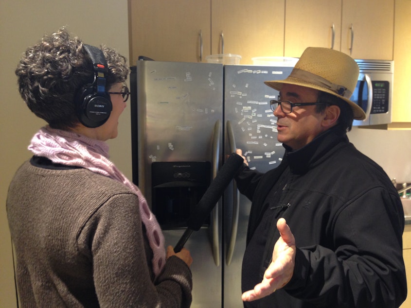caption: Marcie Sillman implores Chef in the Hat Thierry Rautureau to make magic out of KUOW leftovers.
