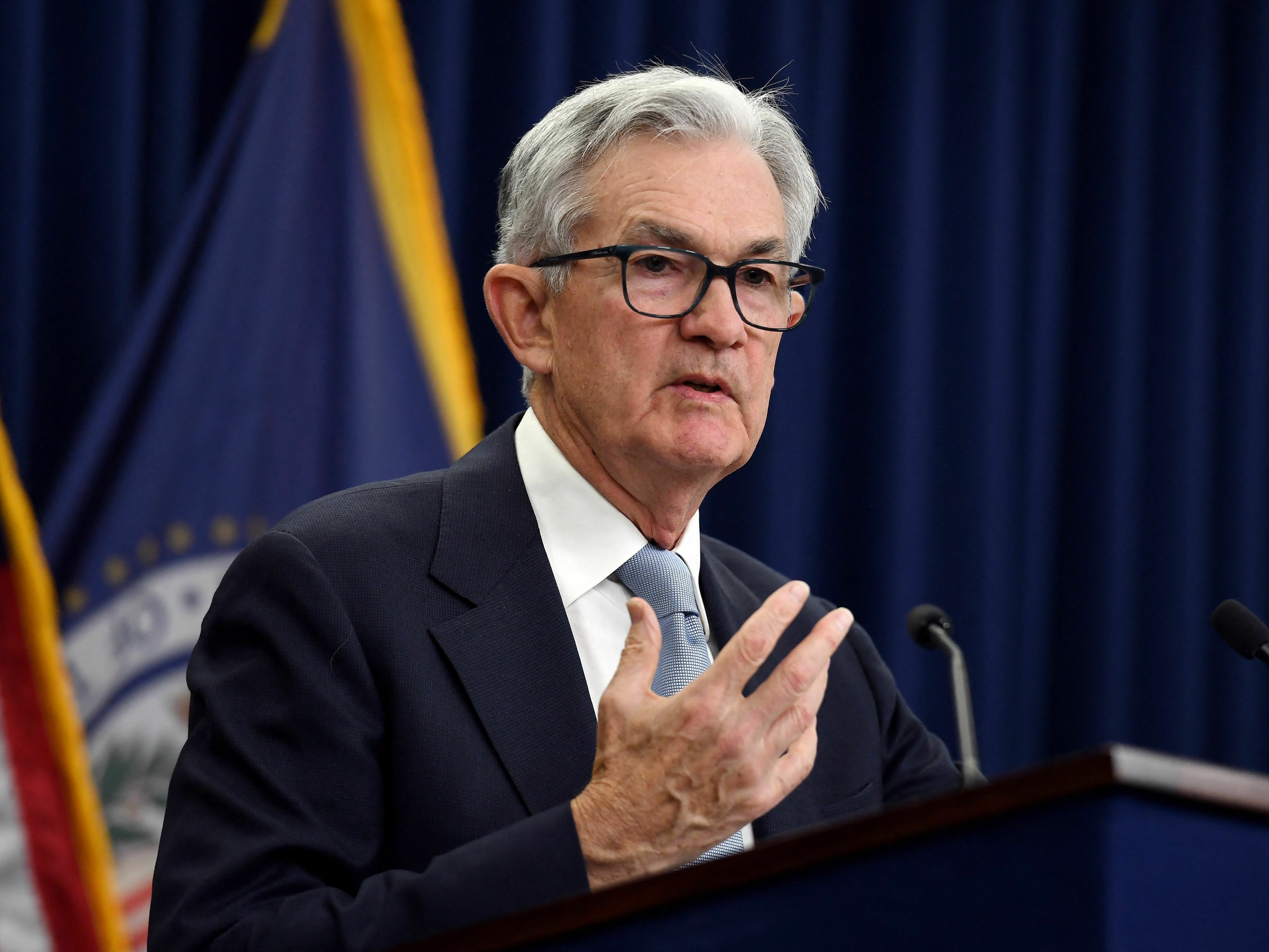 caption: Federal Reserve Chair Jerome Powell speaks during a news conference at the Federal Reserve in Washington, D.C, on March 22, 2023.