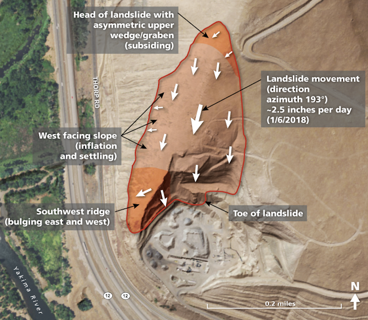 caption: Department of Natural Resources estimates that the landslide volume is approximately 4 million cubic yards and covers an area of about 20 acres.