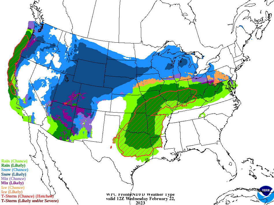 caption: The National Weather Service forecast map for Wednesday calls for a massive winter storm to drop heavy snow on many U.S. states. This image shows only a portion of a storm's <a href="https://www.wpc.ncep.noaa.gov/basicwx/basicwx_ndfd.php">broad impact</a>.