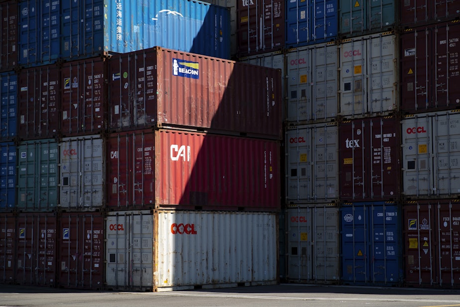 caption: Shipping containers are shown on Monday, May 5, 2025, at the Port of Seattle’s Terminal 5.