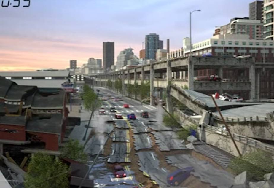 caption: A scene from a simulation by the Washington State Department of Transportation of what could happen if a massive earthquake hits the Alaskan Way Viaduct. 