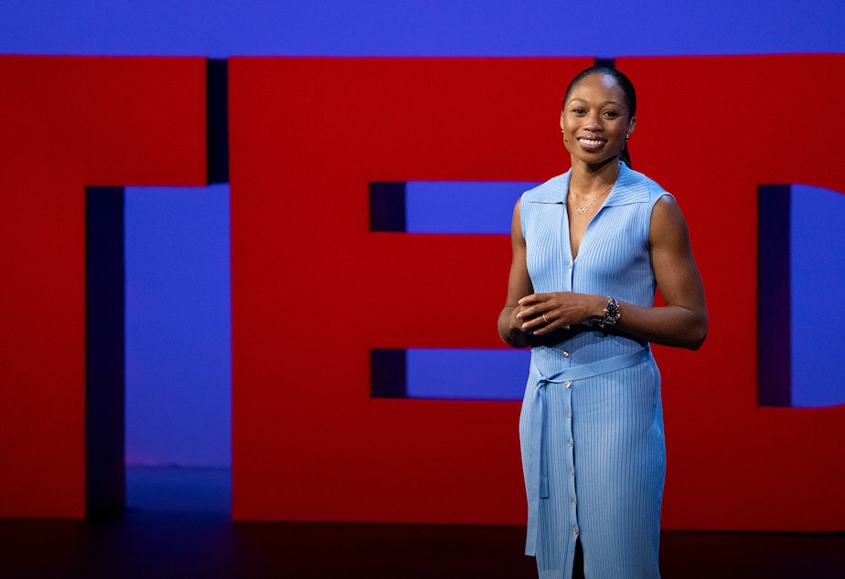Allyson Felix speaks at SESSION 1 at TED2022: A New Era. April 10-14, 2022, Vancouver, BC, Canada. Photo: Gilberto Tadday / TED