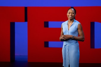 Allyson Felix speaks at SESSION 1 at TED2022: A New Era. April 10-14, 2022, Vancouver, BC, Canada. Photo: Gilberto Tadday / TED