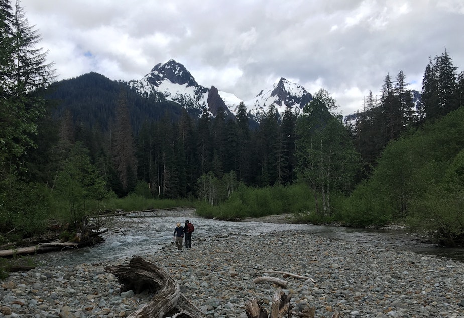 caption: Hikers on the South Fork Sauk River, with semi-snowclad peaks of the North Cascades looming above, on May 26, 2019