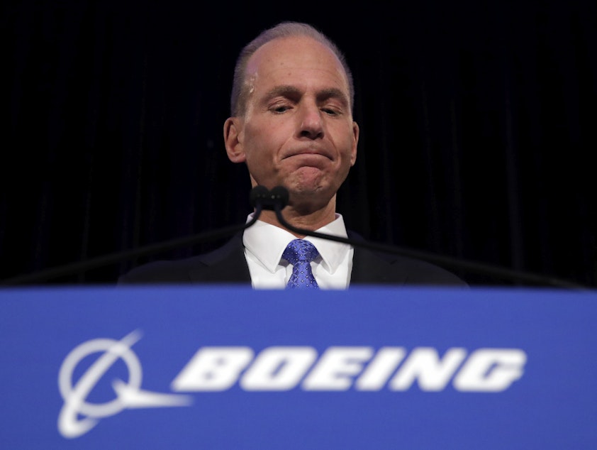 caption: Boeing Chief Executive Dennis Muilenburg speaks during a news conference after the company's annual shareholders meeting at the Field Museum in Chicago, on Monday, April 29, 2019.