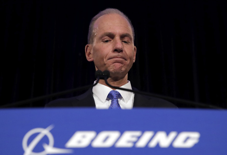 caption: Boeing Chief Executive Dennis Muilenburg speaks during a news conference after the company's annual shareholders meeting at the Field Museum in Chicago, on Monday, April 29, 2019.