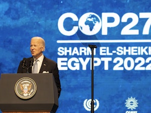 caption: President Joe Biden spoke at the COP27 climate negotiations in Egypt. The President said the United States will meet its promises to reduce greenhouse gas emissions by 50% by 2030.