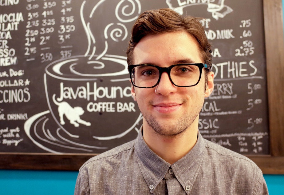 caption: Andrew Layton is a barista at Java Hound, on Portland's stylish NW 23rd Ave. He knows how much taxes he pays. 