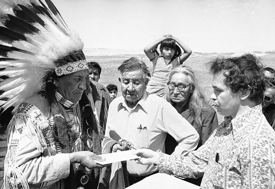 caption: Hank Adams, right, died Dec. 21 at the age of 77. Adams fought for Native American treaty rights throughout his life.
