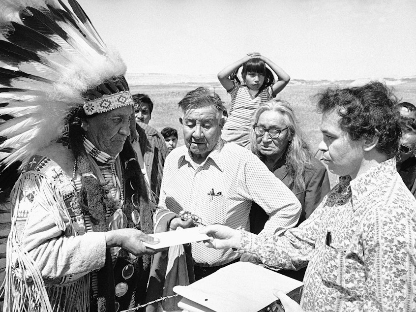 caption: Hank Adams, right, died Dec. 21 at the age of 77. Adams fought for Native American treaty rights throughout his life.