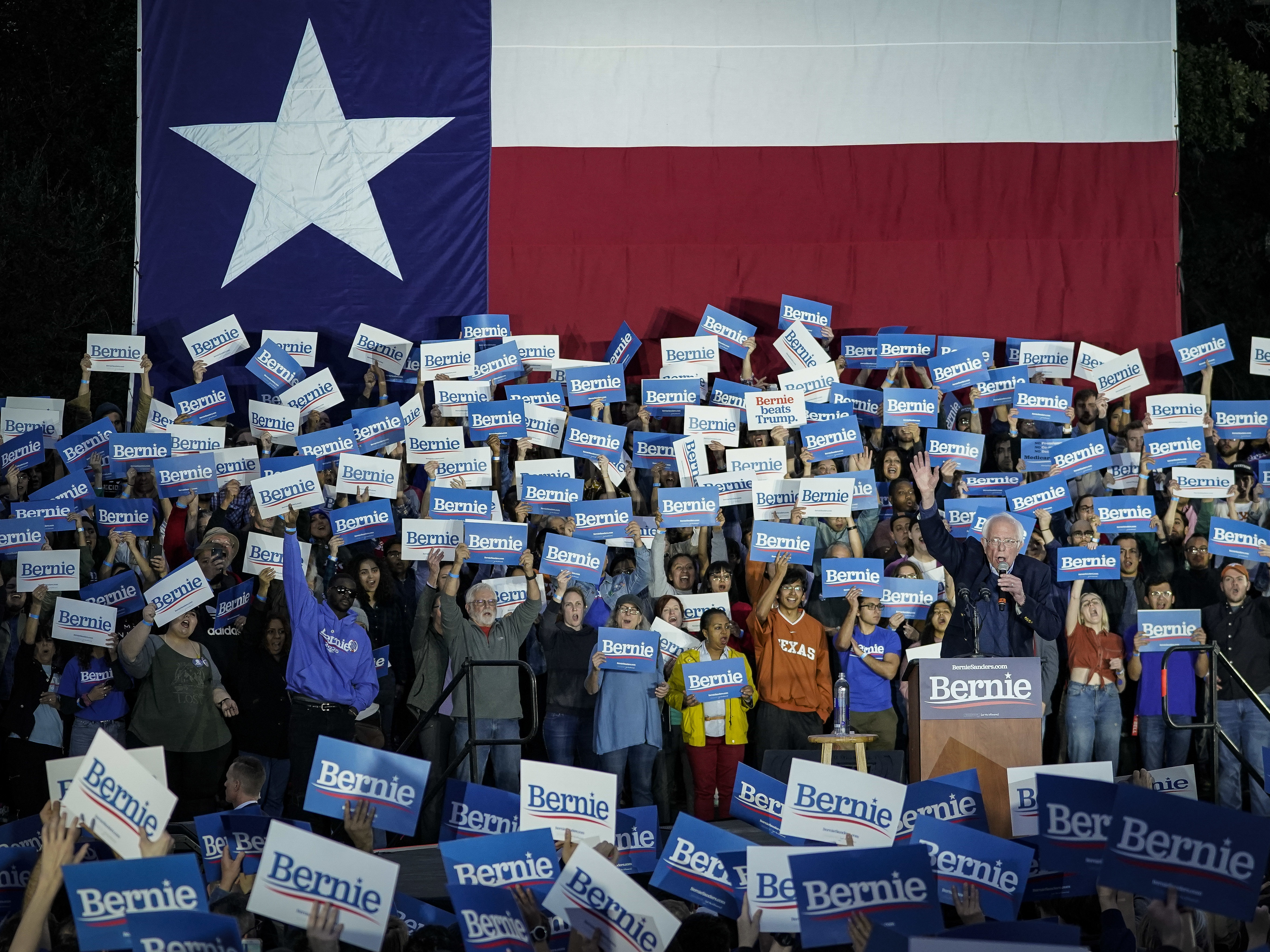 caption: Democratic presidential candidate Sen. Bernie Sanders of Vermont speaks during a campaign rally this month in Austin, Texas. The state's electorate is undergoing a rapid demographic change that's making the state more hospitable to Democrats for the first time in a generation.