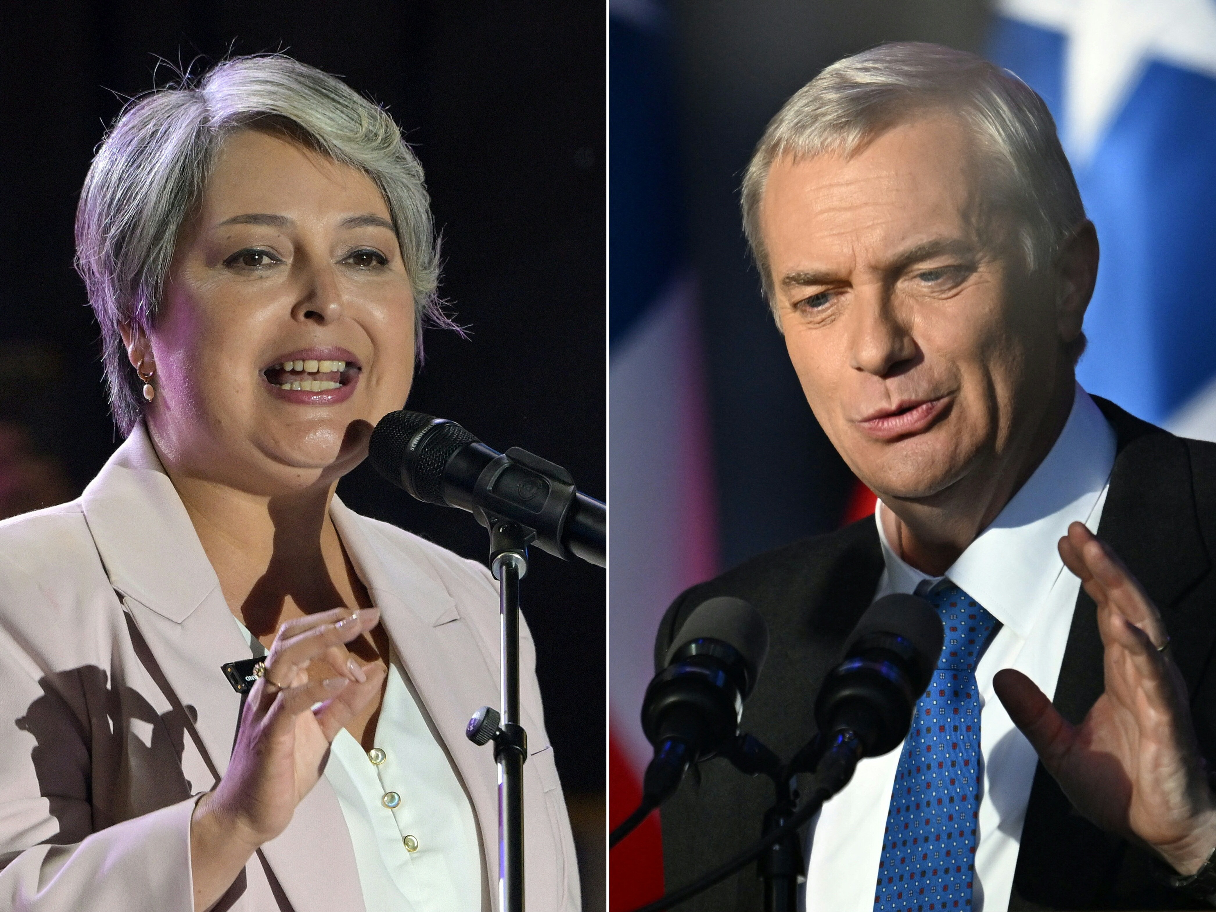 caption: Chile's presidential candidate Jeannette Jara of the Unidad por Chile coalition at her closing rally and Jose Antonio Kast of the Republican Party speaking during his closing campaign rally.