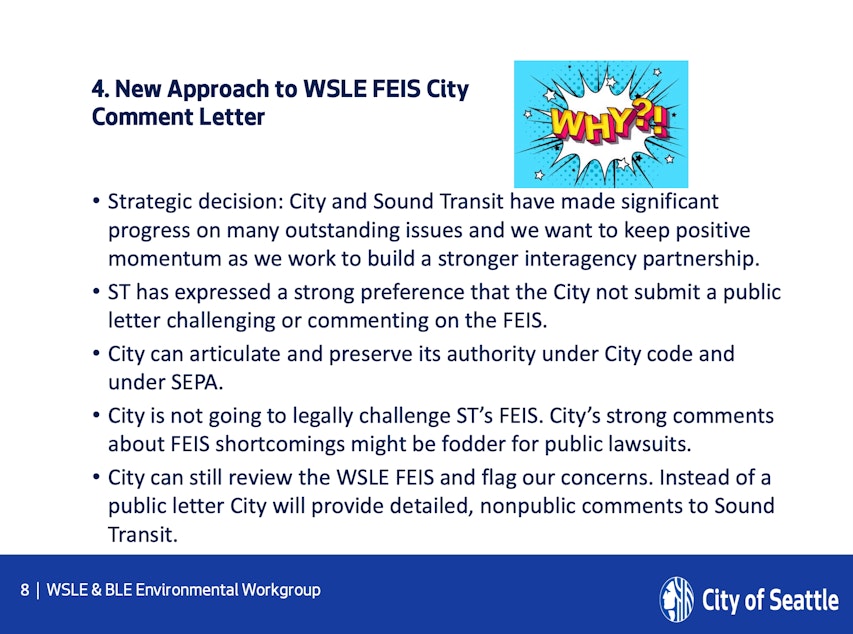 caption: A slide from a Sept. 13, 2024 City of Seattle presentation regarding its plan to respond to Sound Transit's West Seattle Link Extension environmental impact statement.