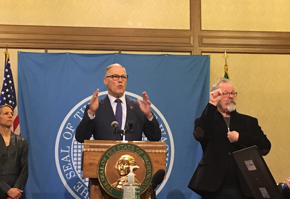 caption: In this file photo, Gov. Jay Inslee holds a news conference on the coronavirus outbreak. On Friday, his chief of staff said the governor has no imminent plans to issue a shelter-in-place order.
