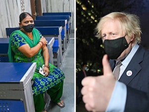 caption: From left: A New Delhi woman waits in an observation room after getting the Covishield vaccine (the name used for the AstraZeneca vaccine in India) on May 26. U.K. Prime Minister Boris Johnson leaves a vaccination center after his first AstraZeneca dose on March 19. On March 9, Nairobi, Kenya, began vaccinating groups, including health care workers and older people, with the AstraZeneca vaccine.