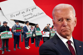 caption: A collage featuring President Joe Biden to the right, frowning at a group of people holding signs that call for a ceasefire in Gaza and for Democrats to vote for "uncommitted delegates" in Washington's presidential primary election. Behind the protestors, there is a mock break-up letter that says, "It's not us, it's you. Sincerely, Uncommitted Dems."