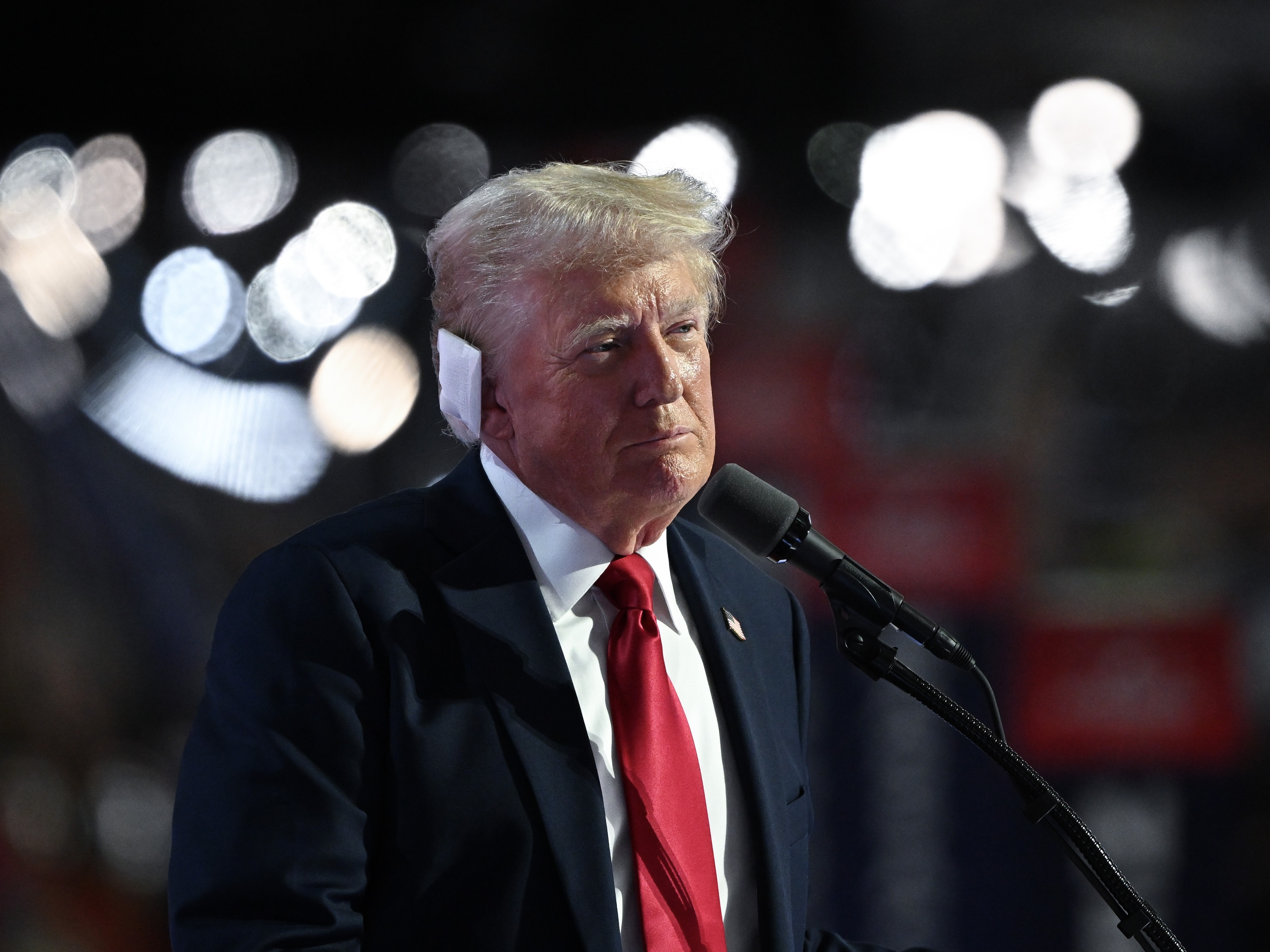caption: Republican presidential nominee, former U.S. President Donald Trump speaks after officially accepting the Republican presidential nomination on stage on the fourth day of the Republican National Convention at the Fiserv Forum on July 18, 2024 in Milwaukee, Wisconsin. 