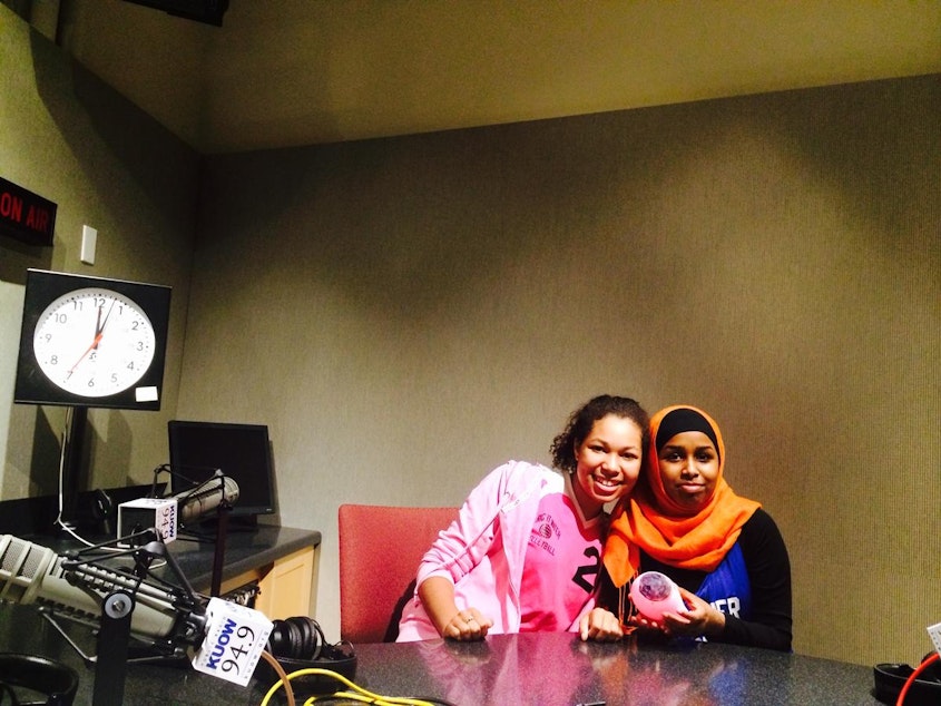 caption: RadioActive Youth Producers Nia Price-Nascimento (L) and Ahlaam Ibraahim after recording this podcast.