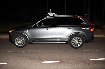 caption: The self-driving Uber SUV that struck pedestrian Elaine Herzberg on March 18, 2018, in Tempe, Ariz.