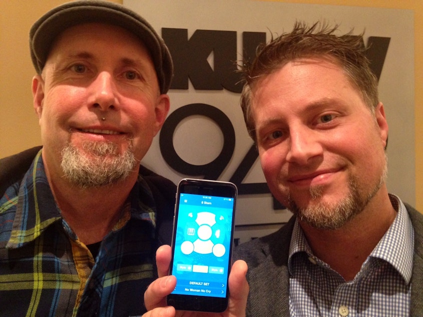 caption: Bruce Pavitt and Adam Farish show off the 8Stem app, which they expect to launch to the public next year.