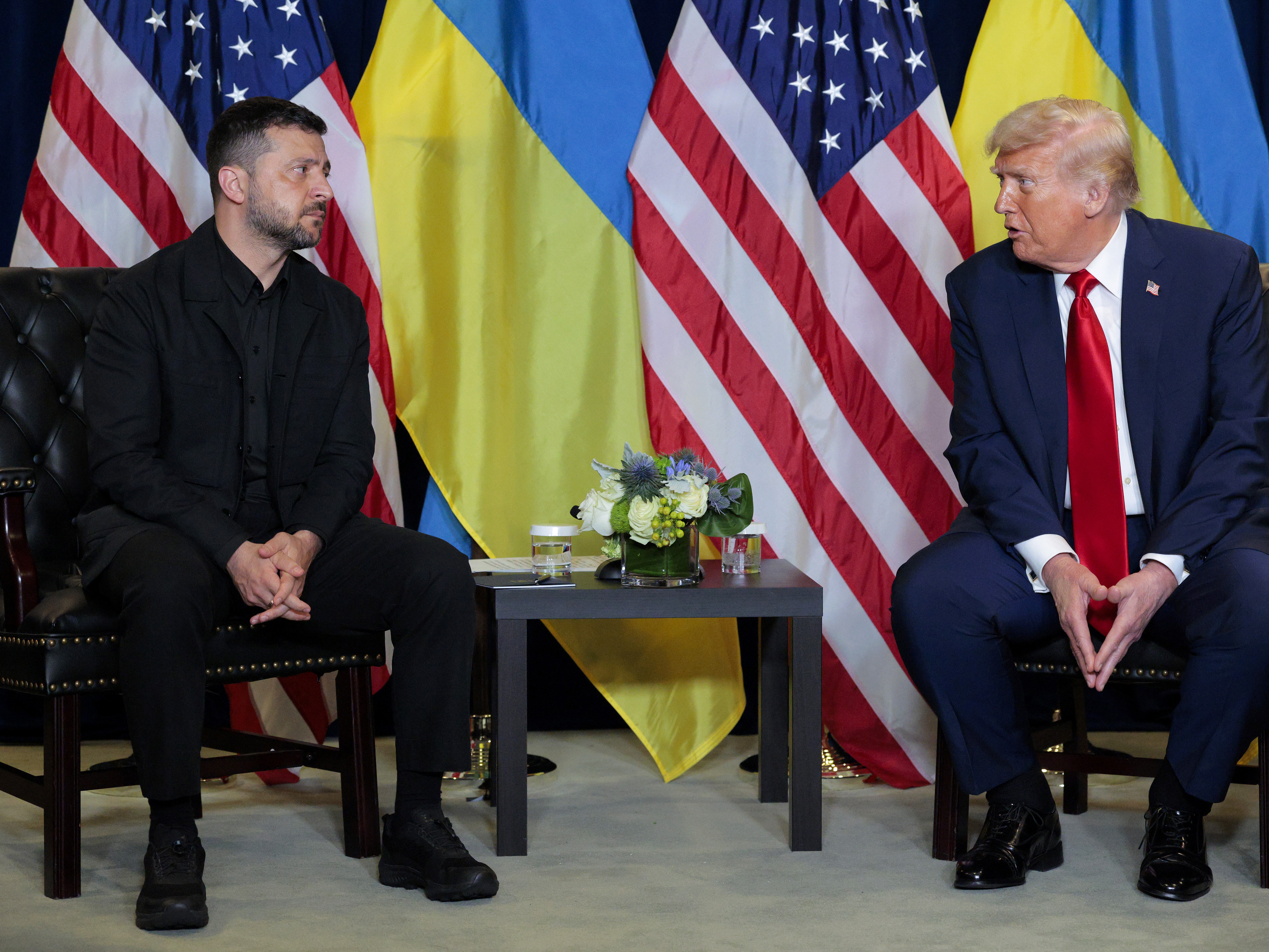 caption: President Trump meets with Ukrainian President Volodymyr Zelenskyy on the sidelines of the U.N. General Assembly on September 23, 2025.