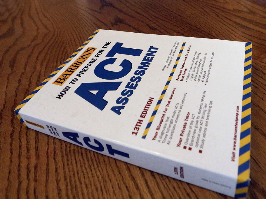 caption: An ACT Assessment preparation book is seen in 2014 in Springfield, Ill. High school students' scores on the ACT college admissions test for 2023 dropped to their lowest in more than three decades, showing a lack of student preparedness for college-level coursework, the nonprofit organization that administers the test said Wednesday.