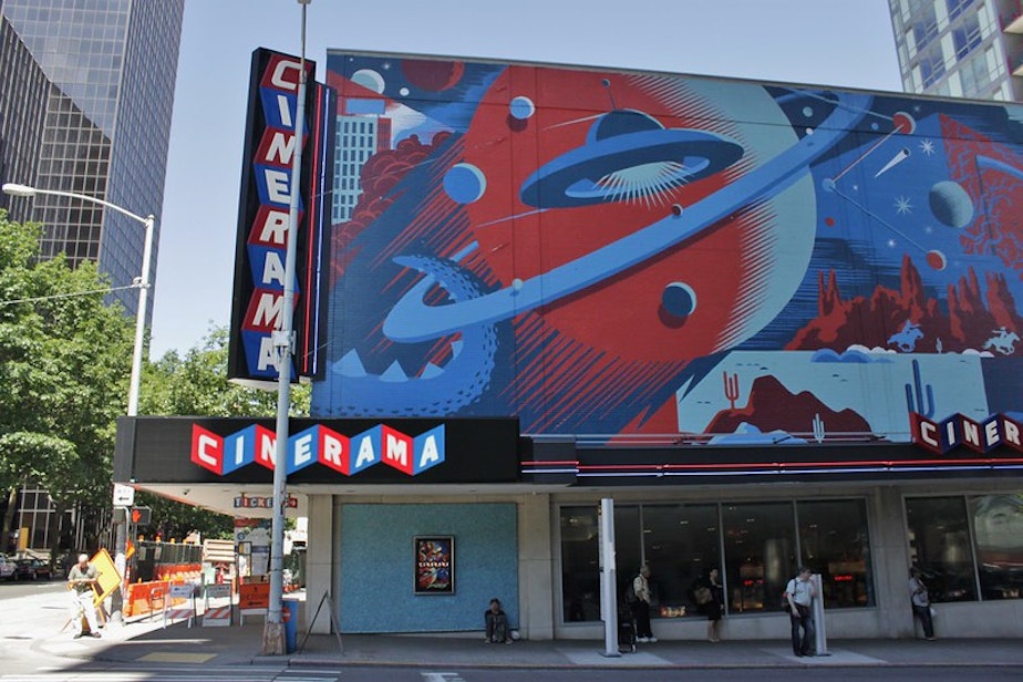 caption: Cinerama movie theater in Seattle's Belltown neighborhood. 