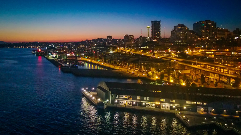 caption: The view of the Alaskan Way seawall in Seattle from the giant ferris wheel.