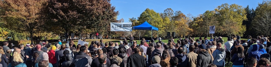 caption: Over 200 tech workers from Tableau staged a rally outside of company headquarters in Seattle on October 2019. 