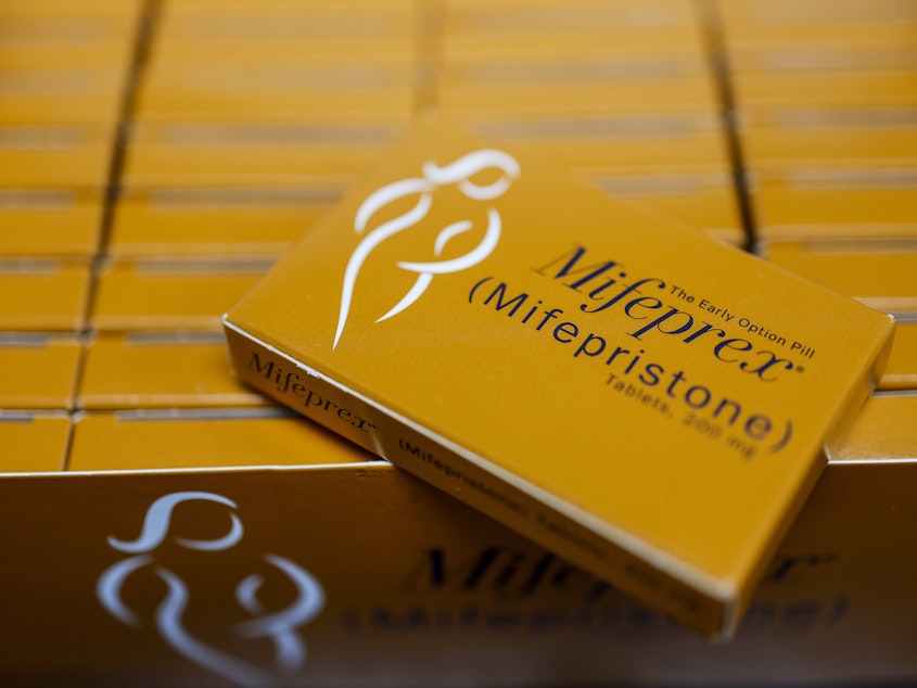 caption: Packages of Mifepfex, the brand-name version of mifepristone, seen at a family planning clinic in Rockville, Md.