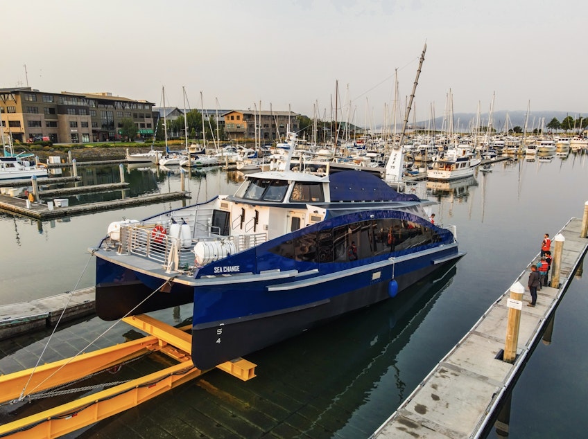 caption: The Sea Change, a catamaran that is billed as the nation's first hydrogen ferry, launches in Bellingham in August.