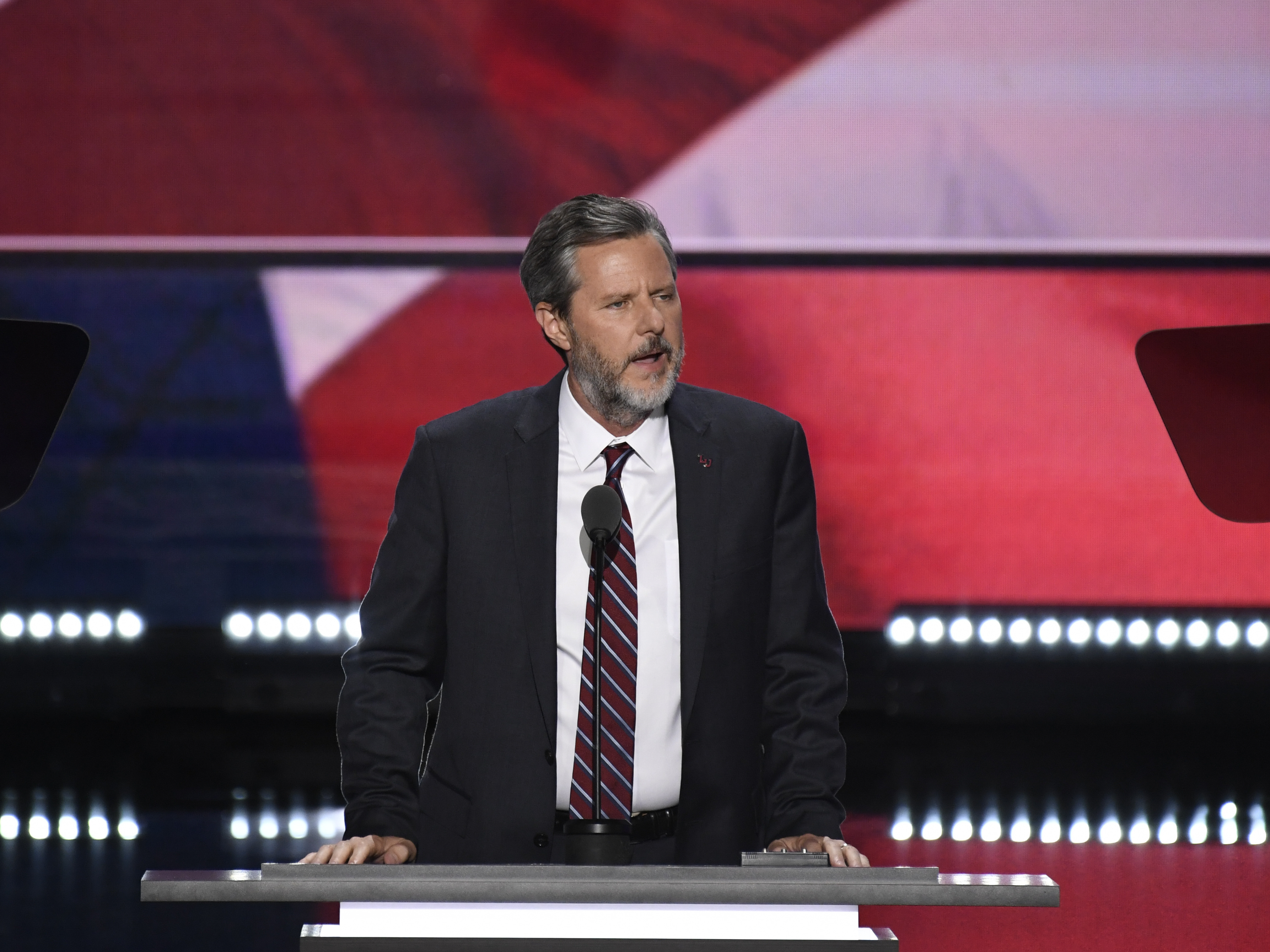 caption: Jerry Falwell Jr., pictured at the 2016 Republican National Convention in Cleveland, Ohio, is the subject of a new lawsuit by Liberty University, his former employer.