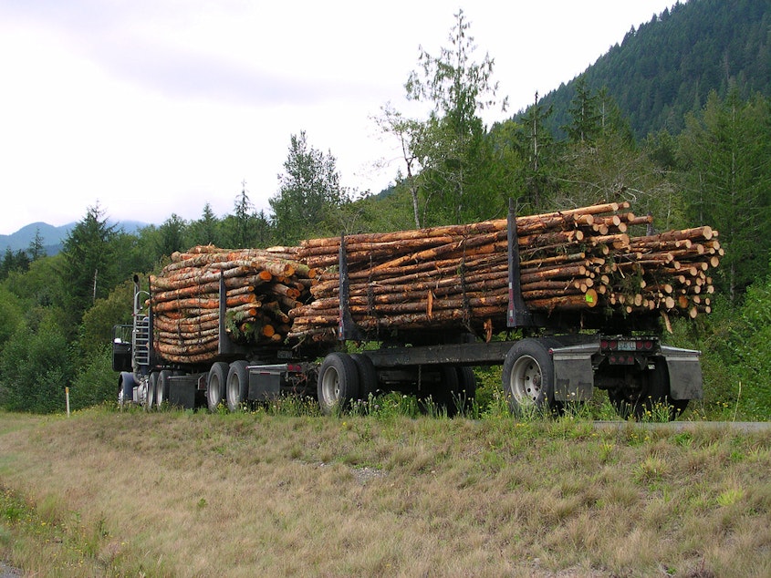 caption: A logging truck near Port Angeles, Washington.