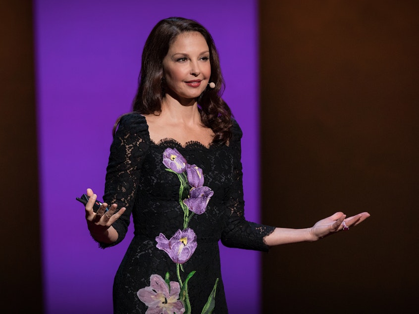 caption: Ashley Judd on the TED stage.