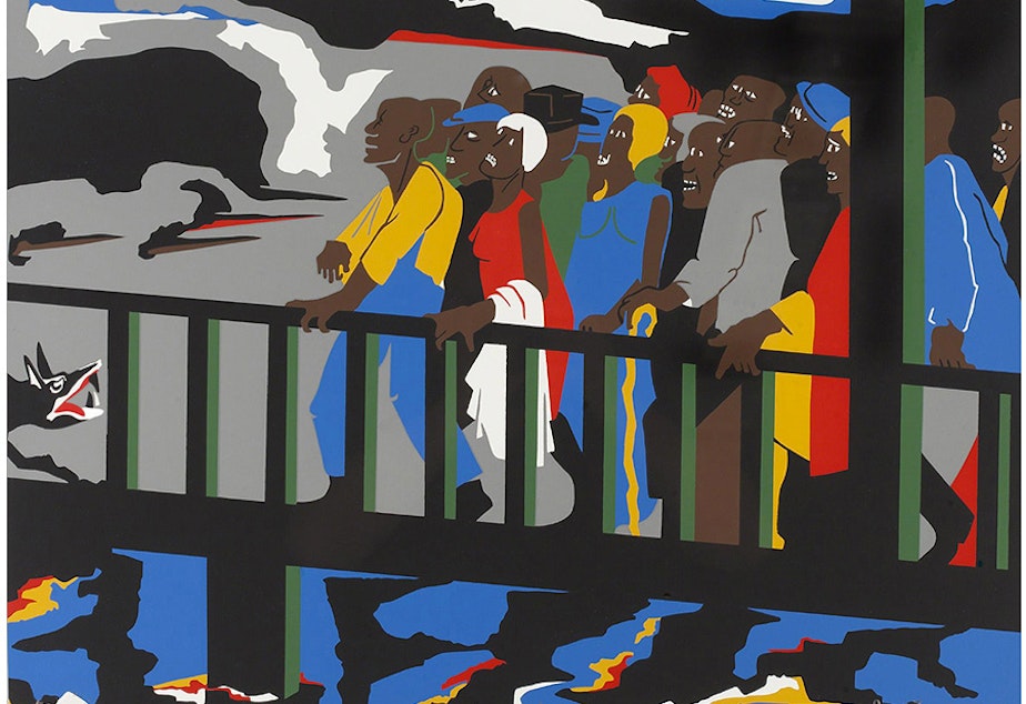 Jacob Lawrence's "Confrontation at the Bridge", 1975