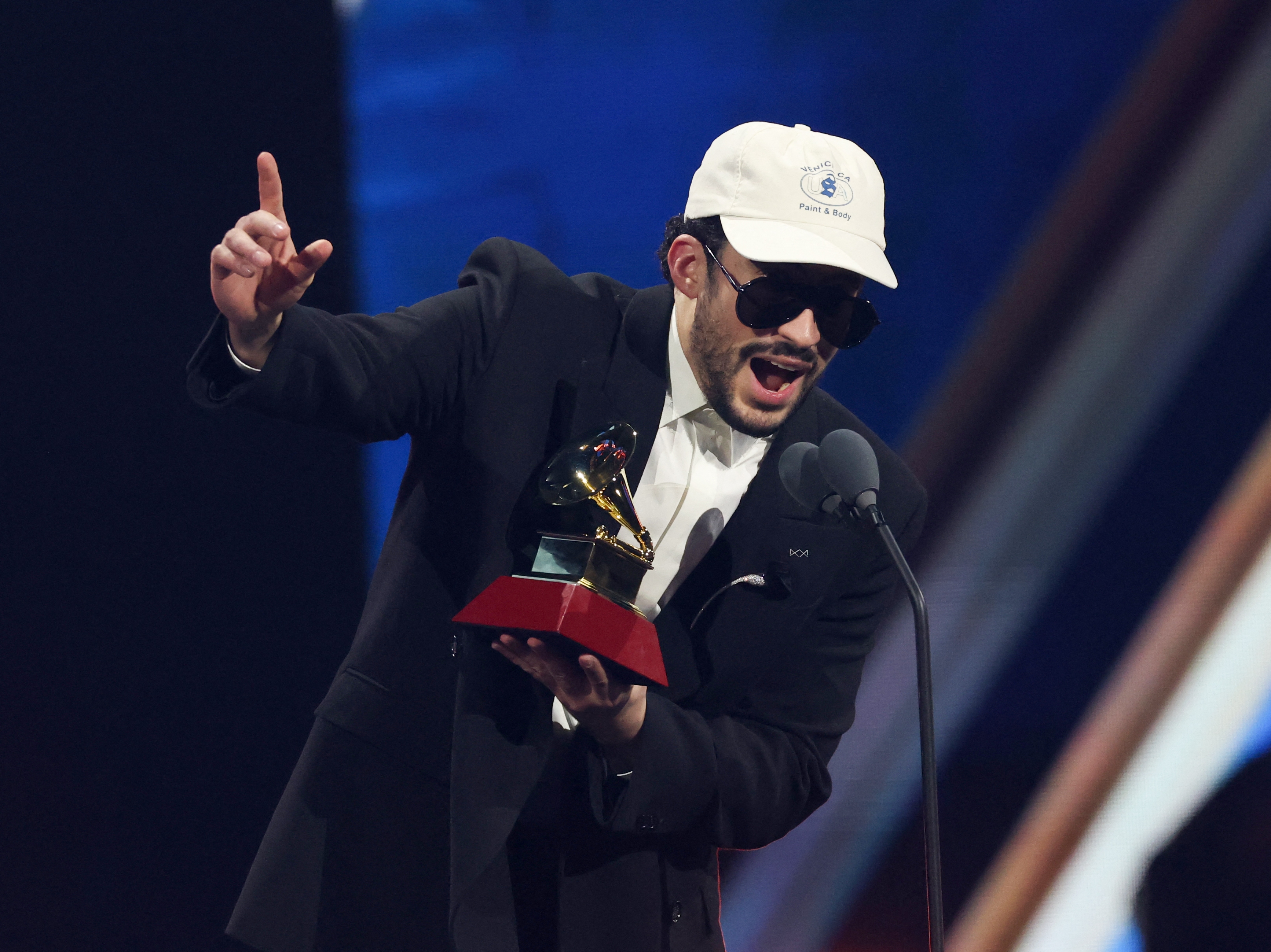 caption: Bad Bunny won five awards, including album of the year, at the Latin Grammy Awards in Las Vegas on Thursday.