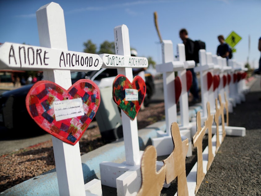 Crosses memorializing the victims of a mass shooting, which left at least 22 people dead, in El Paso, Texas. It was one of cluster of shootings that took place in a week.