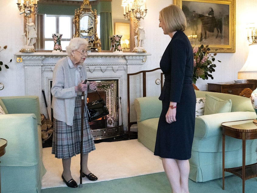 caption: Queen Elizabeth greets leader of the Conservative party Liz Truss at Balmoral Castle on Tuesday. The queen is under medical observation after her doctors became concerned about her health.