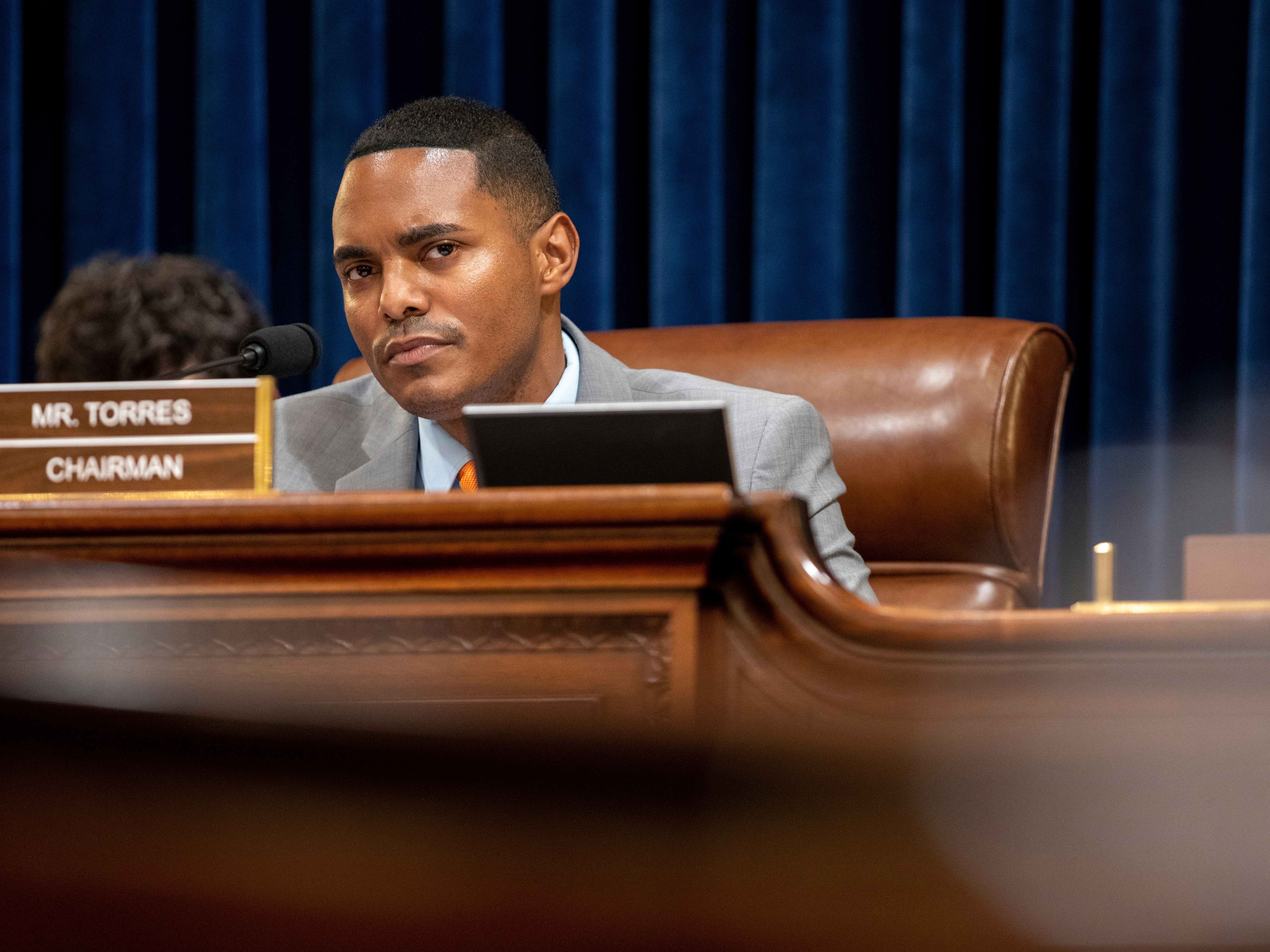 caption: FILE - Rep. Ritchie Torres, D-N.Y., listens during a House committee on homeland security hearing addressing threats to election security at the Capitol in Washington, Wednesday, July 20, 2022.