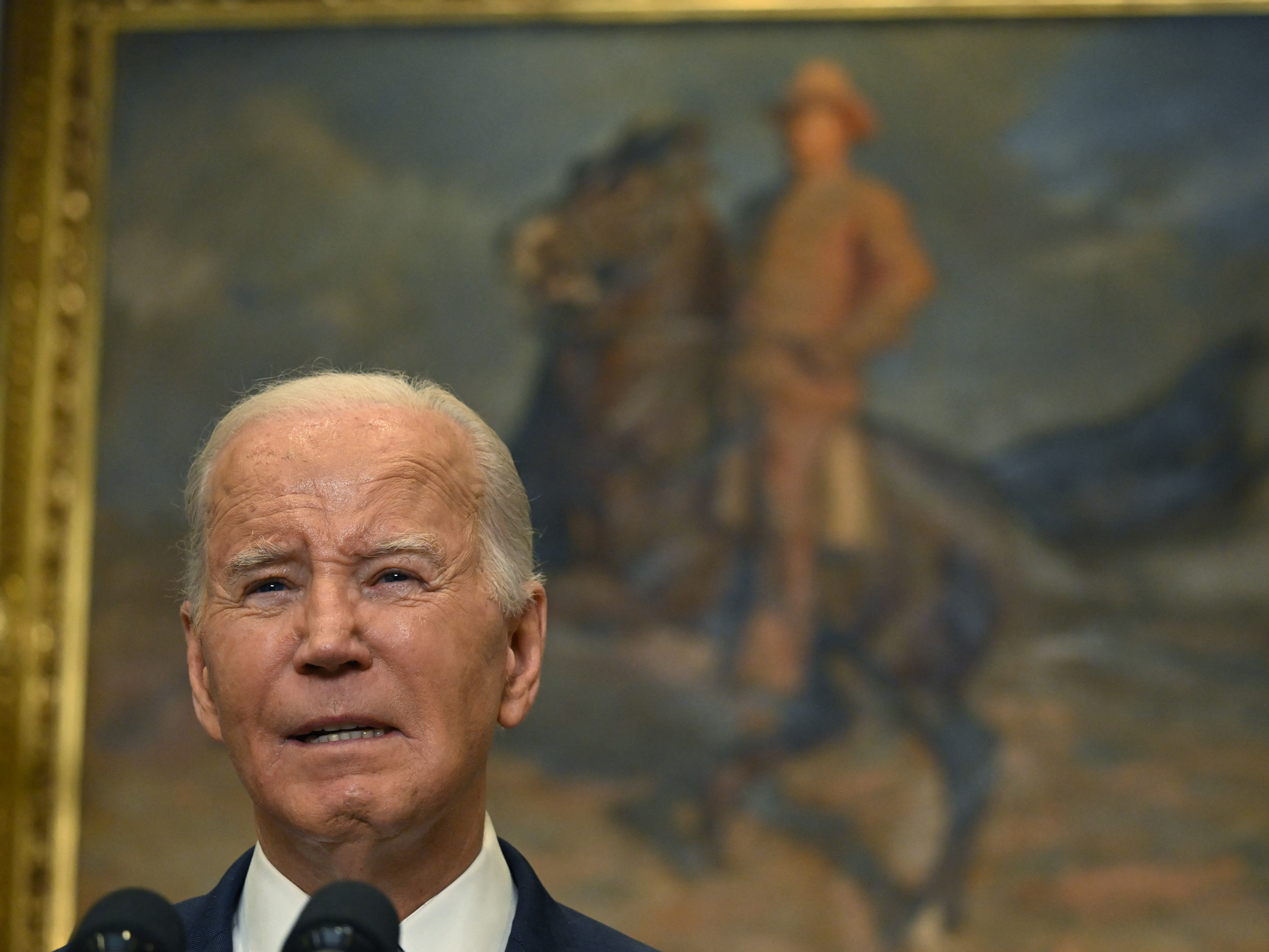 caption: President Biden speaks about the death of Russian opposition figure Alexei Navalny in the Roosevelt Room of the White House on Feb. 16.