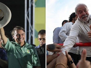 caption: The two candidates in Brazil's presidential elections campaign leading up to a runoff election. Left: President Jair Bolsonaro in Guarulhos on Saturday. Right: Former President Luiz Inácio Lula da Silva in Rio de Janeiro State on Oct. 11.