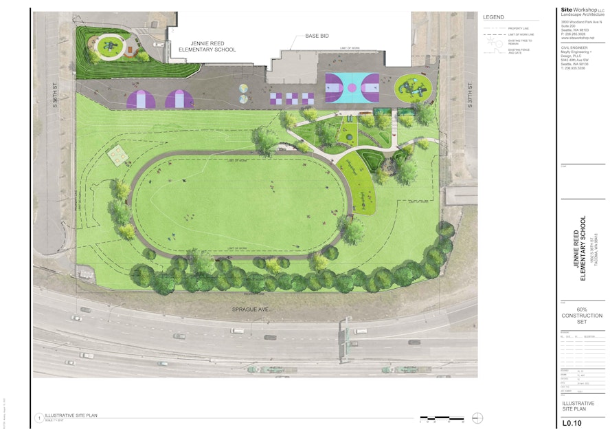 caption: An architectural rendering of Jennie Reed Elementary's new schoolyard shows the planned track, trees and playground amenities.