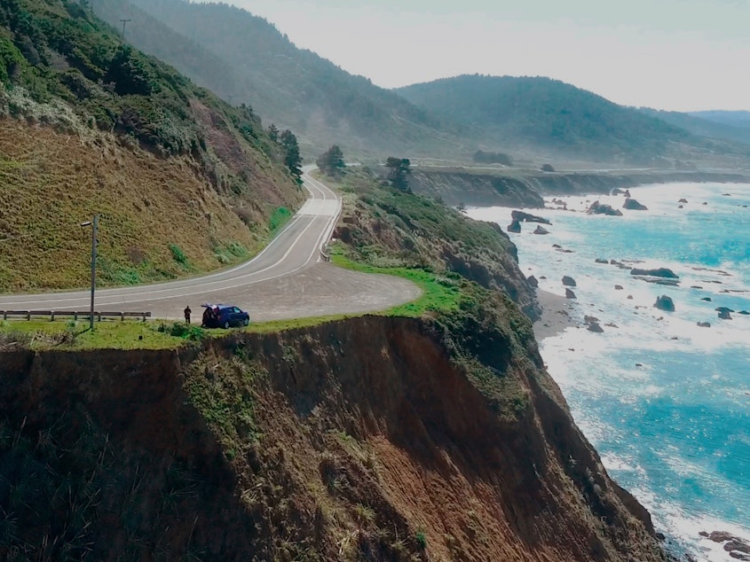 caption: A coroner's jury has said Jennifer and Sarah Hart purposefully drove themselves and their six children off a cliff in northern California last year. Pictured here, the pullout along Highway 1 where their SUV was recovered.