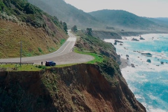 caption: A coroner's jury has said Jennifer and Sarah Hart purposefully drove themselves and their six children off a cliff in northern California last year. Pictured here, the pullout along Highway 1 where their SUV was recovered.