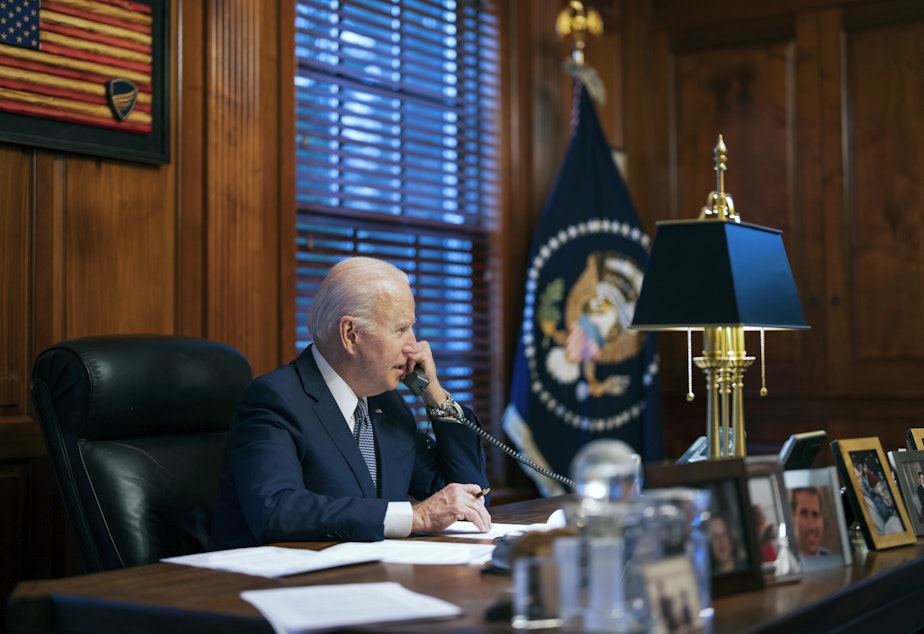 caption: President Biden pictured at his home office in his private residence in Wilmington, Del., in 2021. This week, the Department of Justice announced that improperly stored classified documents had been discovered at the president's Wilmington home.