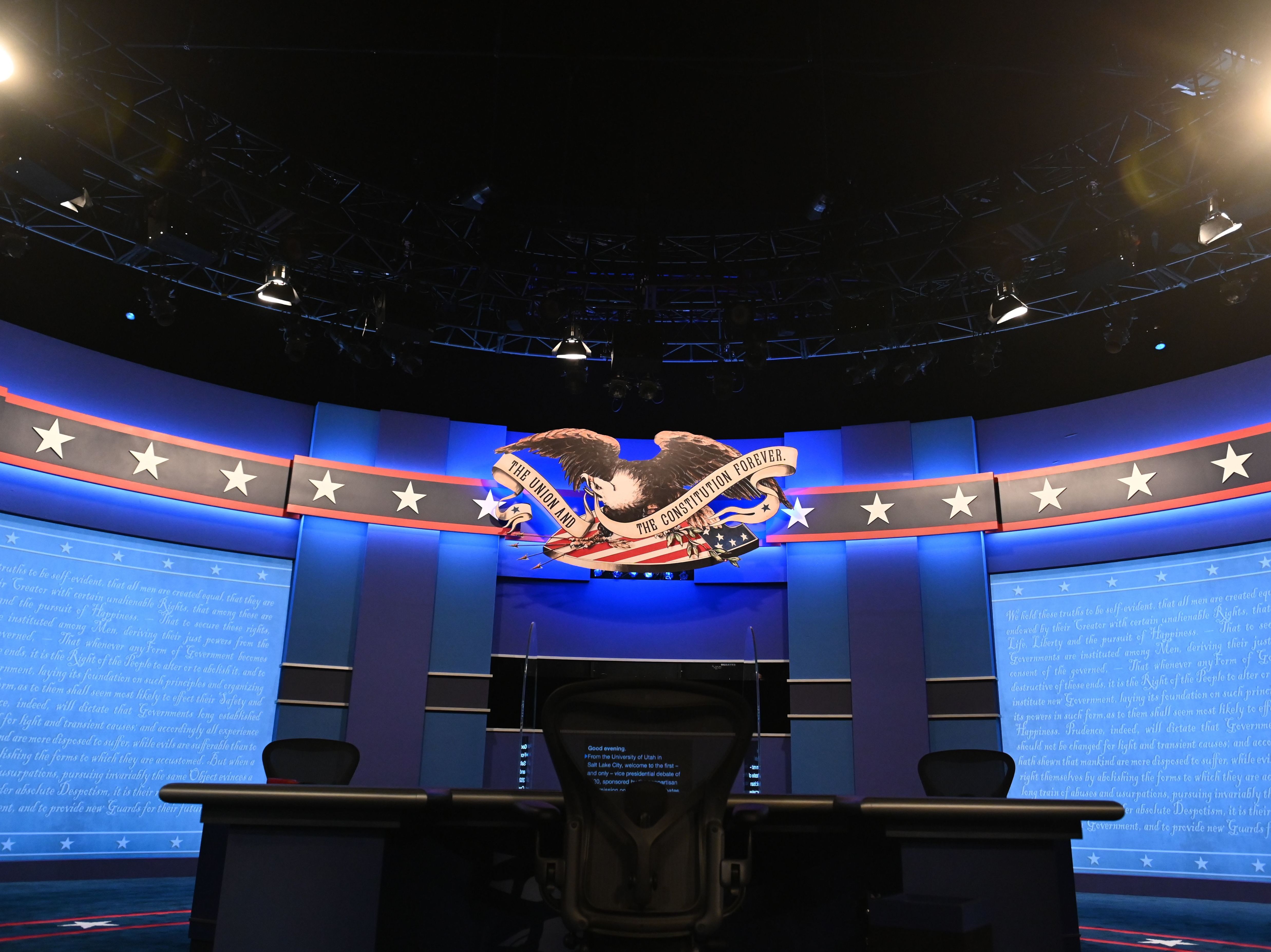 caption: The stage of this week's vice presidential debate Salt Lake City.