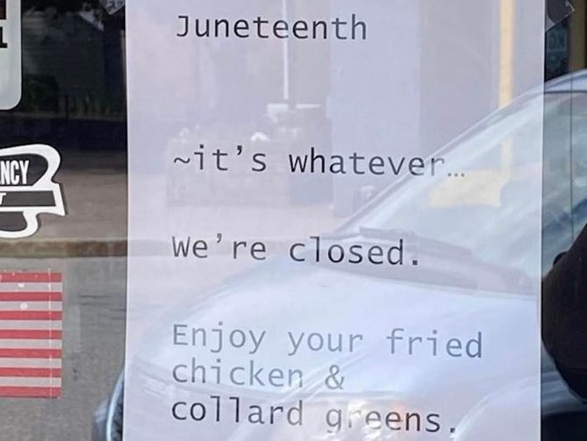 caption: Residents in Millinocket, Maine, say they are outraged after an insurance agency displayed a racist sign remarking on the new Juneteenth federal holiday.