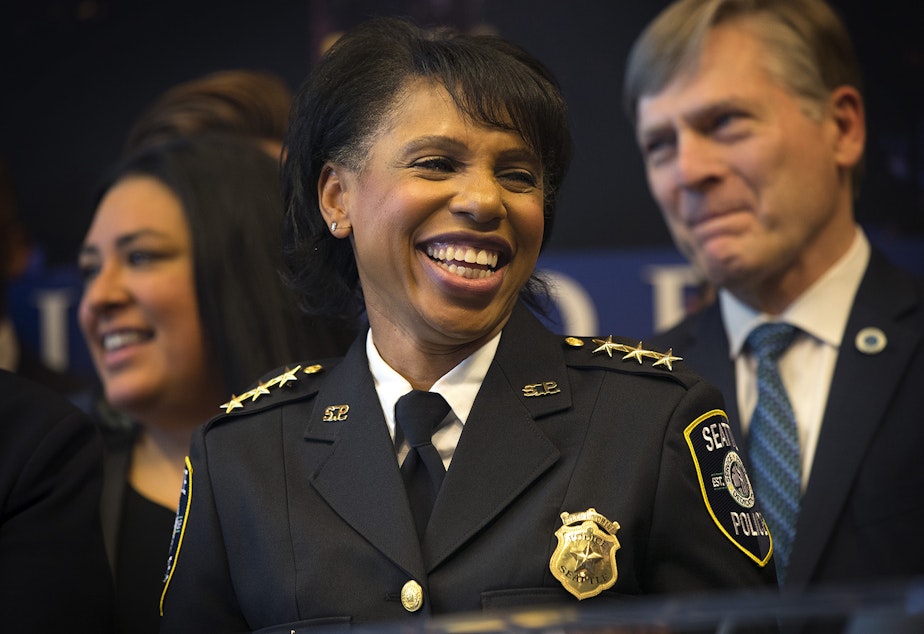 caption: Carmen Best smiles during a press conference on Monday, December 4, 2017, at Seattle City Hall. 