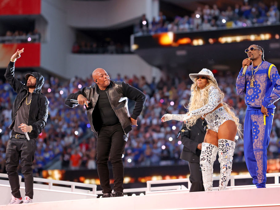 caption: Eminem, Dr. Dre, Mary J. Blige and Snoop Dogg perform during the Super Bowl halftime show at SoFi Stadium on Sunday in Inglewood, Calif.